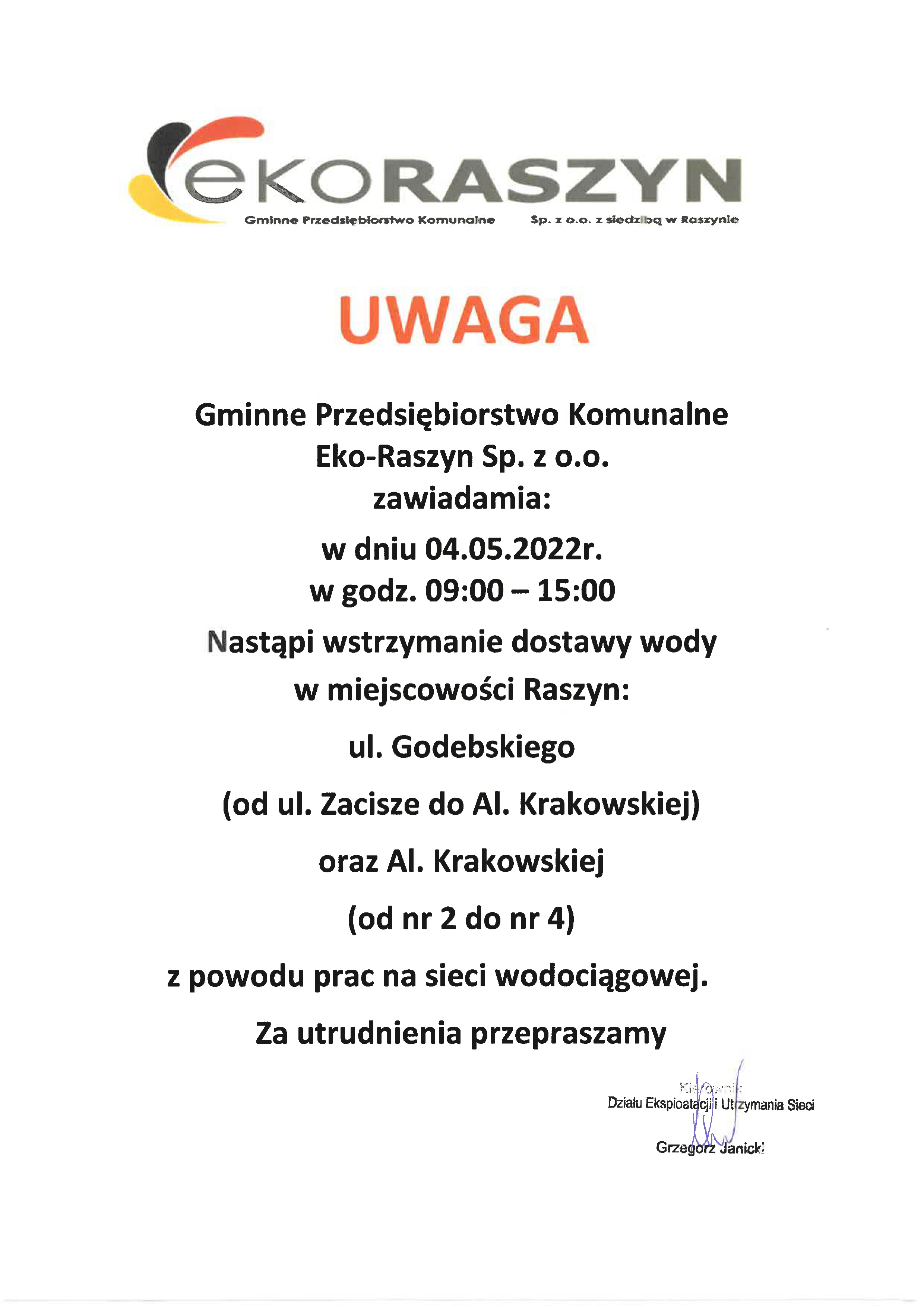 Skan dokumentu: Komunikat wstrzymania dostaw wody w dniu 04.05.2022 godz. 9 - 15 dla ulic ul. Godebskiego (od ul. Zacisze do Al. Krakowskiej) oraz Al. Krakowskiej (od nr 2 do nr 4) 