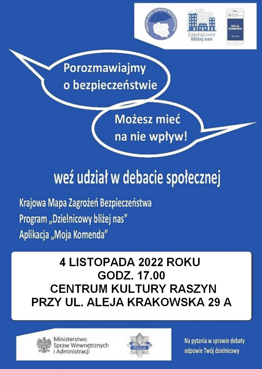 Plakat; Debata społeczna - Porozmawiajmy o bezpieczeństwie Policja data: 04.11.2022