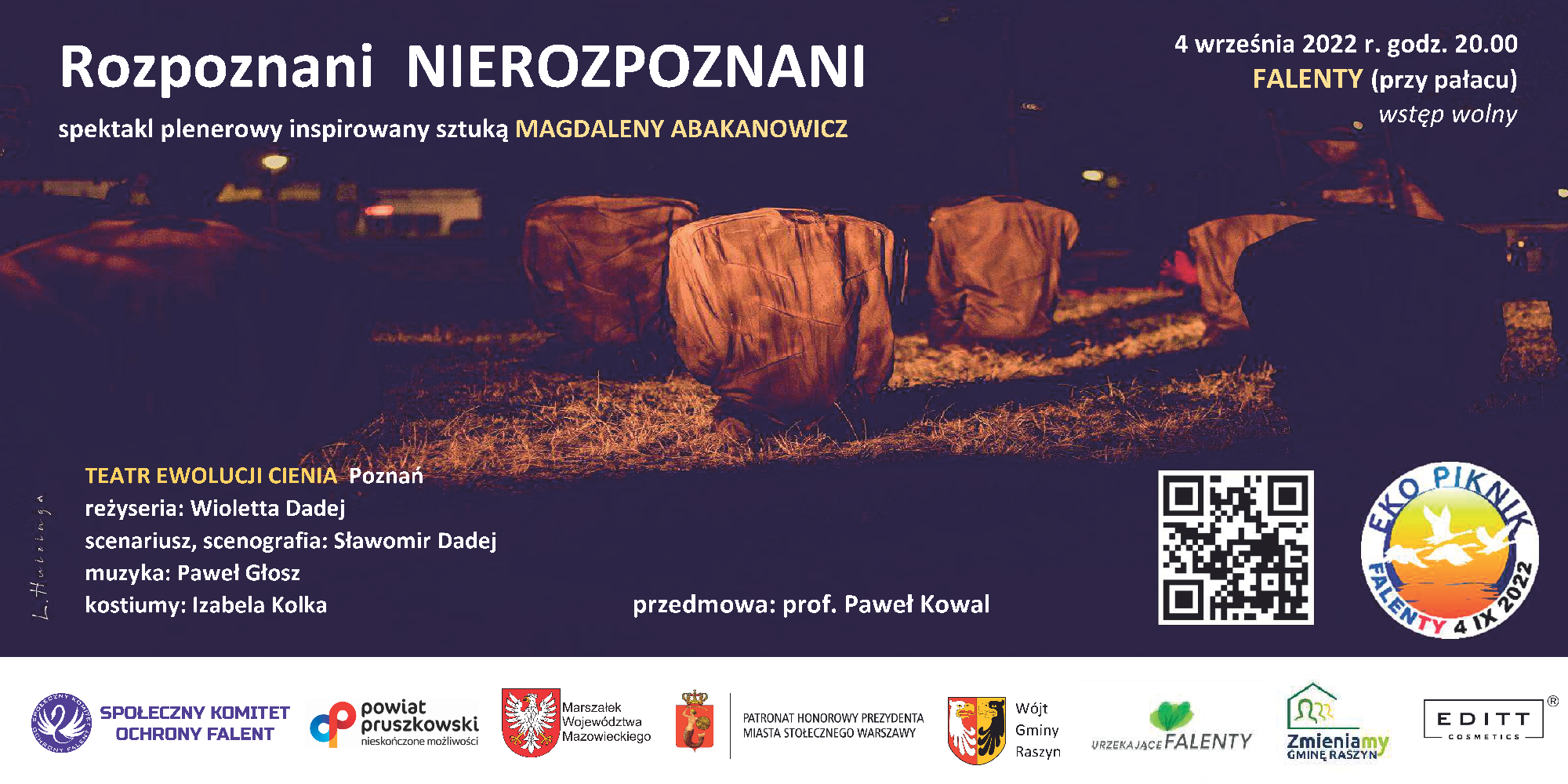 Plakat: spektakl pt. „Rozpoznani NIEROZPOZNANI” inspirowany sztuką Magdaleny Abakanowicz, urodzonej w Falentach