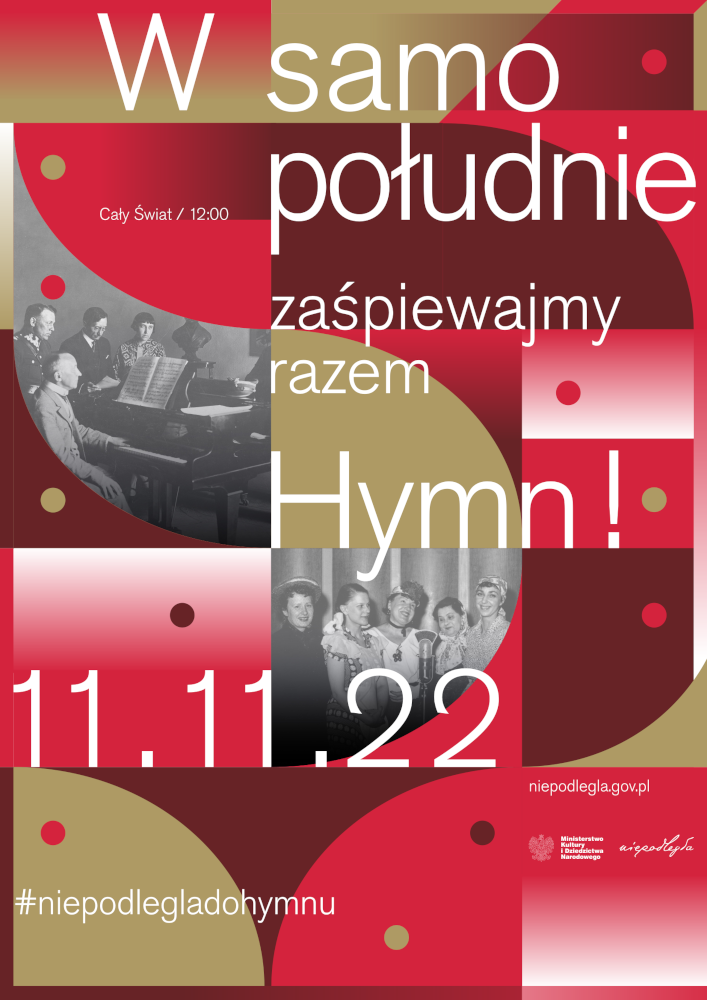 Plakat:  Po raz 5. zaśpiewajmy wspólnie hymn w samo południe 11 listopada!