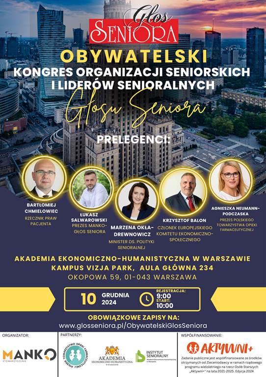 Zapraszamy na Ogólnopolski Obywatelski Kongres Organizacji Seniorskich i Liderów Senioralnych!