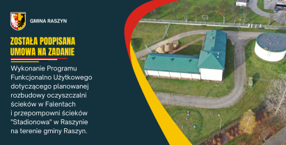 Plakat: Wykonanie programu funkcjonalno-użytkowego dotyczącego planowanej rozbudowy oczyszczalni ścieków w Falentach i przepompowni ścieków "Stadionowa" w Raszynie