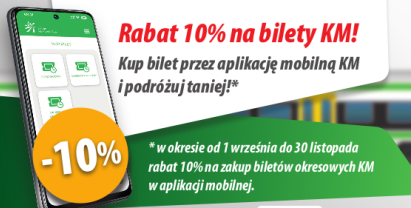 Plakat; Promocja aplikacji mobilnej Kolei Mazowieckich – bilety okresowe tańsze o 10%