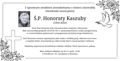  Z ogromnym smutkiem zawiadamiamy o śmierci niezwykłej mieszkanki naszej gminy Ś.P. Honoraty Kaszuby (1933-2024) 