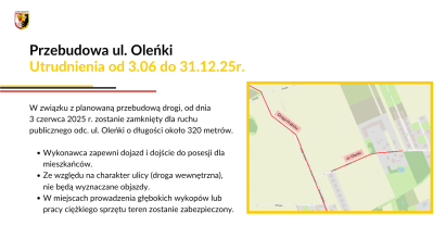 Utrudnienia - zamknięty dla ruchu odcinek ul. Oleńki