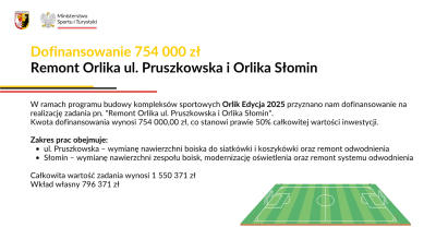 Gmina otrzymała dofinansowanie 754 000 zł na Remont Orlika ul. Pruszkowska i Orlika Słomin 
