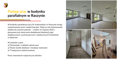 Modernizacja budynku parafialnego w Raszynie – postępy prac
