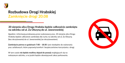 Zamknięcie ul. Droga Hrabska – 20 sierpnia