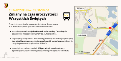 Pierwszy weekend listopada (święta) z czasowymi zmianami w organizacji ruchu i na trasie busa R-2