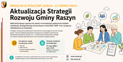 Zawiadomienie Wójta Gminy Raszyn o przeprowadzeniu konsultacji społecznych z mieszkańcami Gminy Raszyn w sprawie projektu aktualizacji Strategii Rozwoju Gminy Raszyn na lata 2022-2030 wraz z prognozą oddziaływania na środowisko.