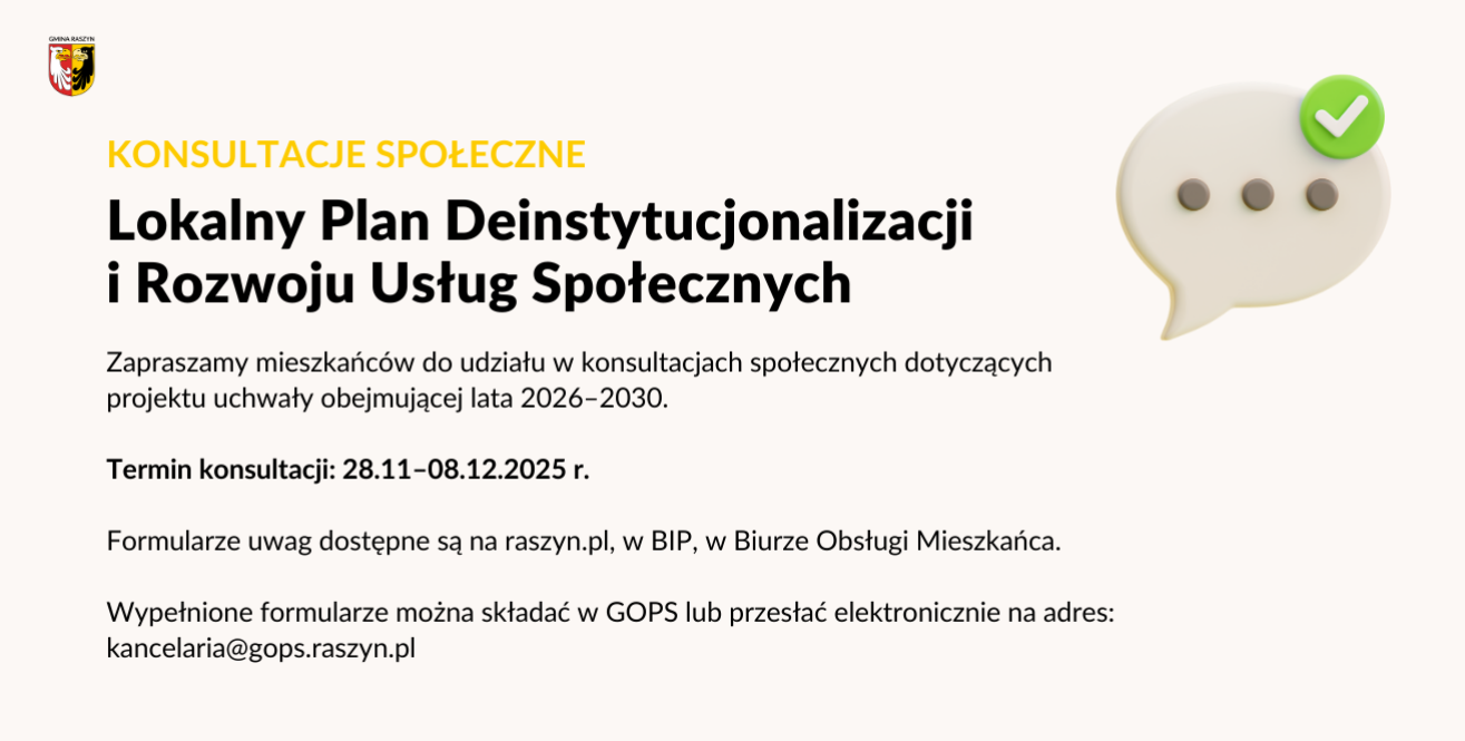 Konsultacje społeczne projektu Lokalnego Planu Deinstytucjonalizacji i Rozwoju Usług Społecznych Gminy Raszyn na lata 2026–2030