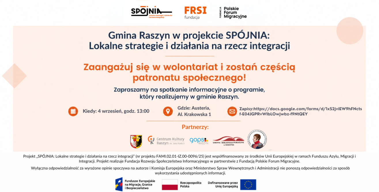 Zaproszenie na spotkanie informacyjne dla przyszłych wolontariuszy i wolontariuszek w programie patronatu społecznego