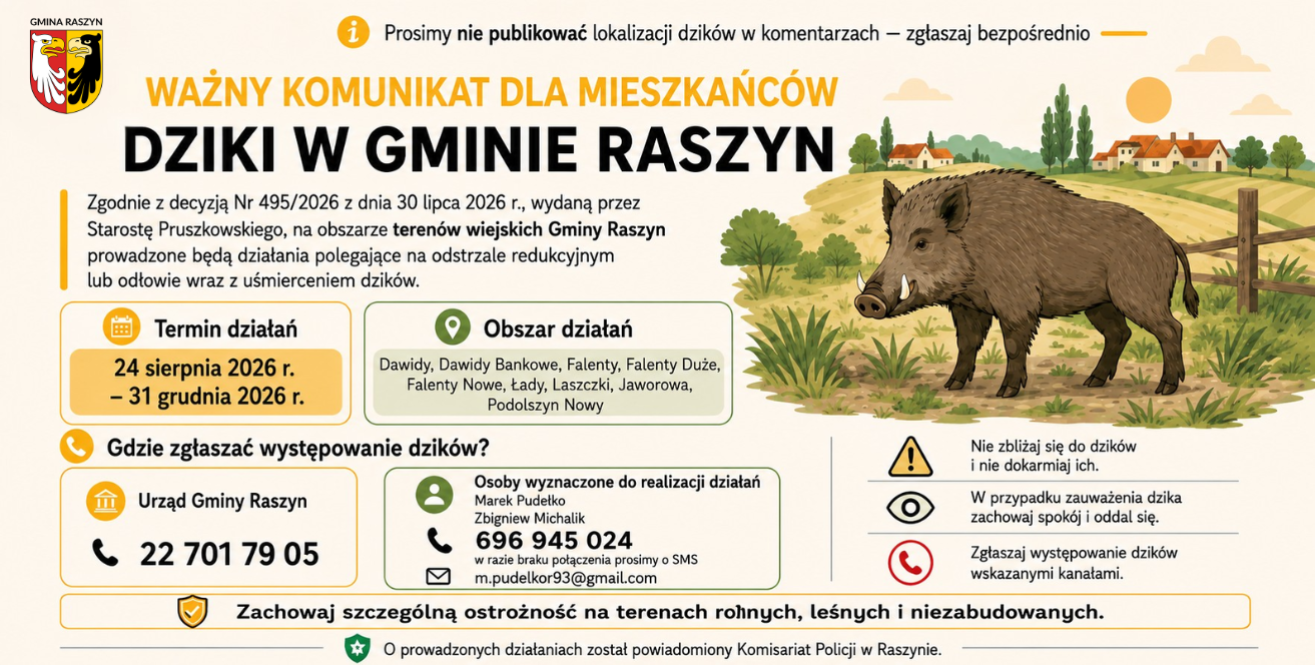 Zezwolenie na przeprowadzenie odstrzału redukcyjnego lub odłowu wraz z uśmierceniem 100 sztuk dzików na obszarze terenów wiejskich Gminy Raszyn