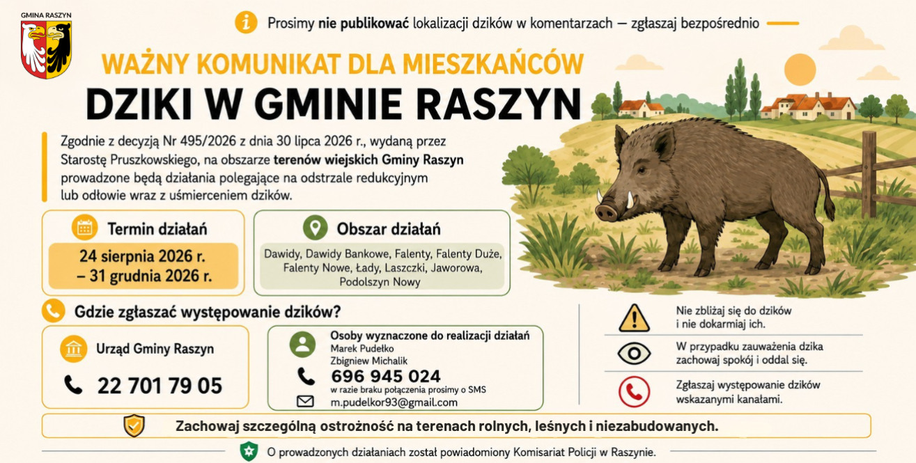 Zezwolenie na przeprowadzenie odstrzału redukcyjnego lub odłowu wraz z uśmierceniem 100 sztuk dzików na obszarze terenów wiejskich Gminy Raszyn