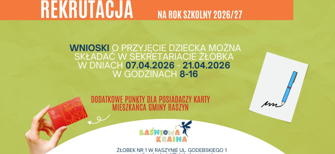 Rekrutacja do Żłobka Nr 1 „Baśniowa Kraina” na rok szkolny 2026/2027