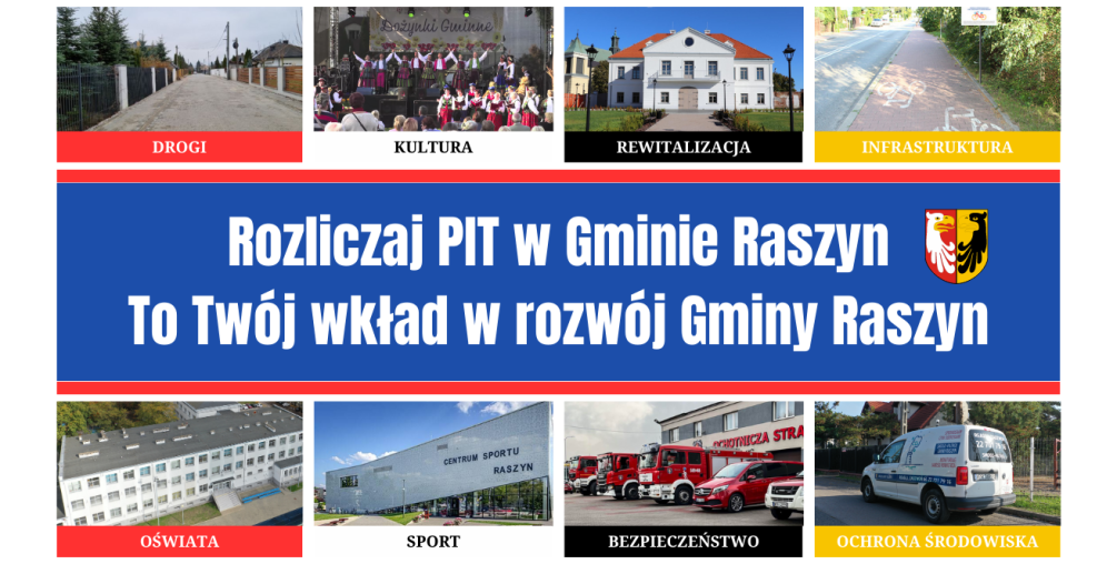 Plakat: Rozliczaj PIT w Gminie Raszyn! "To Twój wkład w rozwój Gminy Raszyn"