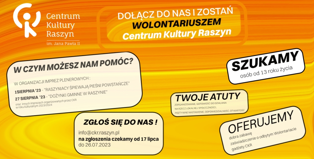 Plakat: Zostań wolontariuszem Centrum Kultur Raszyn