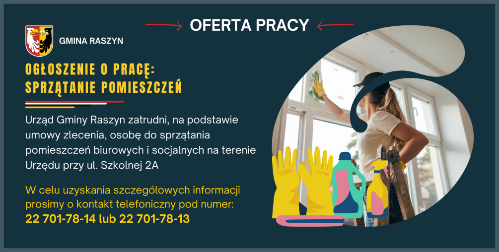 Plakat: Ogłoszenie o pracę - pracownik do sprzątania pomieszczeń