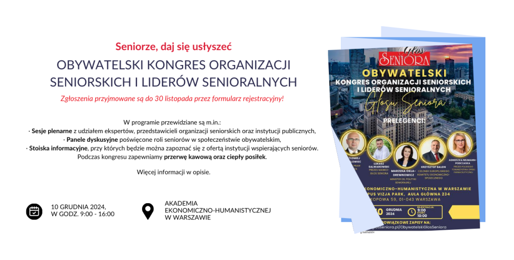Zapraszamy na Ogólnopolski Obywatelski Kongres Organizacji Seniorskich i Liderów Senioralnych!