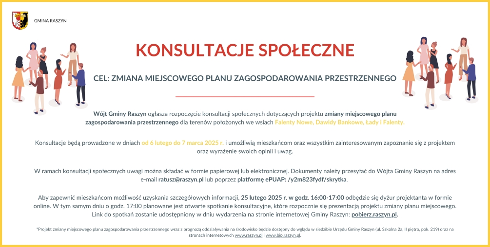 Konsultacje społeczne dotyczące zmiany miejscowego planu zagospodarowania przestrzennego dla terenów położonych we wsiach Falenty Nowe, Dawidy Bankowe, Łady i Falenty