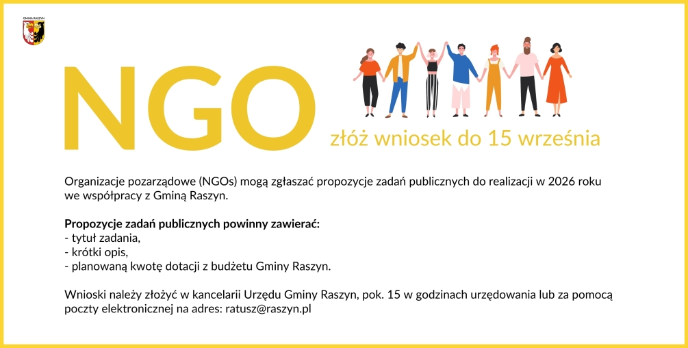 Do 15 września br. organizacje pozarządowe (NGOs) mogą zgłaszać propozycje zadań publicznych do realizacji w 2026 roku we współpracy z Gminą Raszyn.
