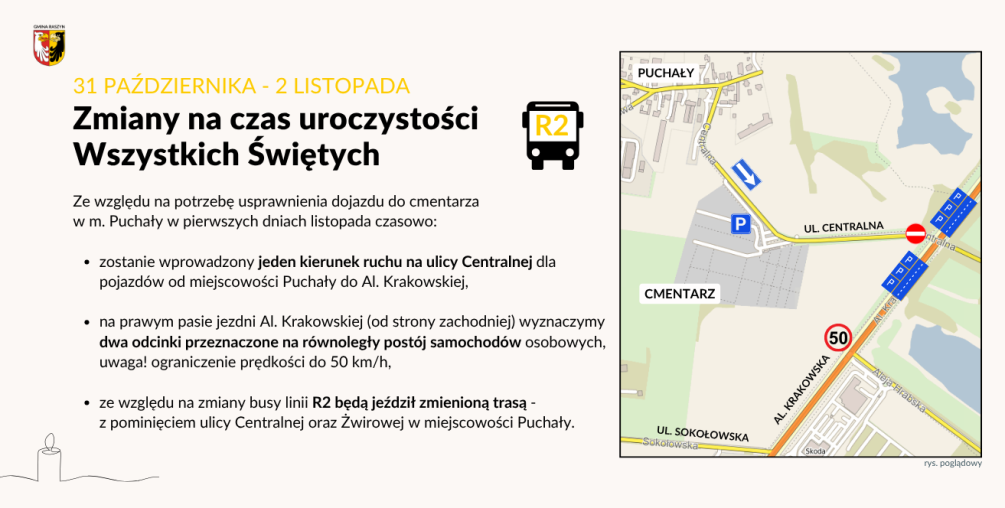 Pierwszy weekend listopada (święta) z czasowymi zmianami w organizacji ruchu i na trasie busa R-2