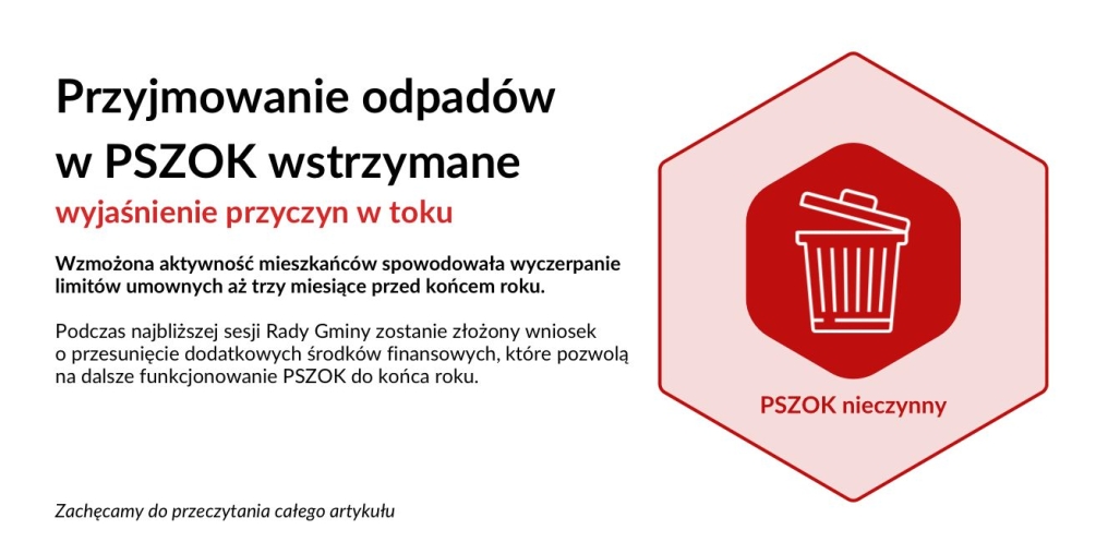 Przyjmowanie odpadów w PSZOK wstrzymane w związku z wyczerpaniem wartości kontraktu – wyjaśnienie przyczyn w toku