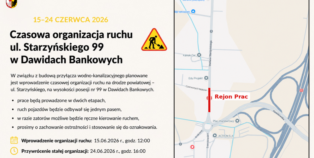 Czasowa organizacja ruchu na ul. Starzyńskiego w Dawidach Bankowych