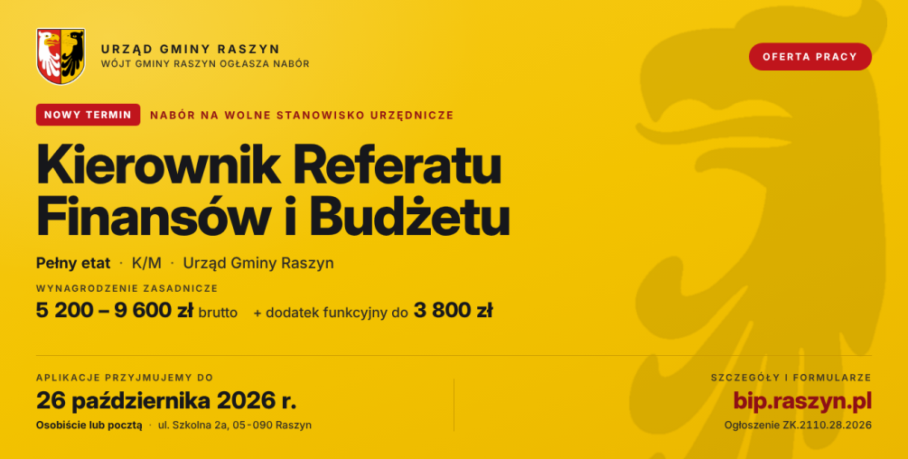 Ponowny nabór na stanowisko Kierownika Referatu Finansów i Budżetu (K/M) Wójt Gminy Raszyn ogłasza otwarty i konkurencyjny nabór na wolne stanowisko urzędnicze Kierownik Referatu Finansów i Budżetu K/M w Urzędzie Gminy Raszyn (pełny etat). Dokumenty można składać do 26 października 2026 r. Zachęcamy do zapoznania się z ofertą i przekazania jej dalej. Czym zajmuje się osoba na tym stanowisku? Do głównych zadań należy bezpośrednie kierowanie pracą referatu i nadzór nad jego pracownikami, zastępowanie Skarbnik